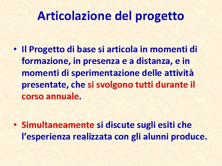 Articolazione del progetto • Il Progetto di base si articola in momenti di formazione,