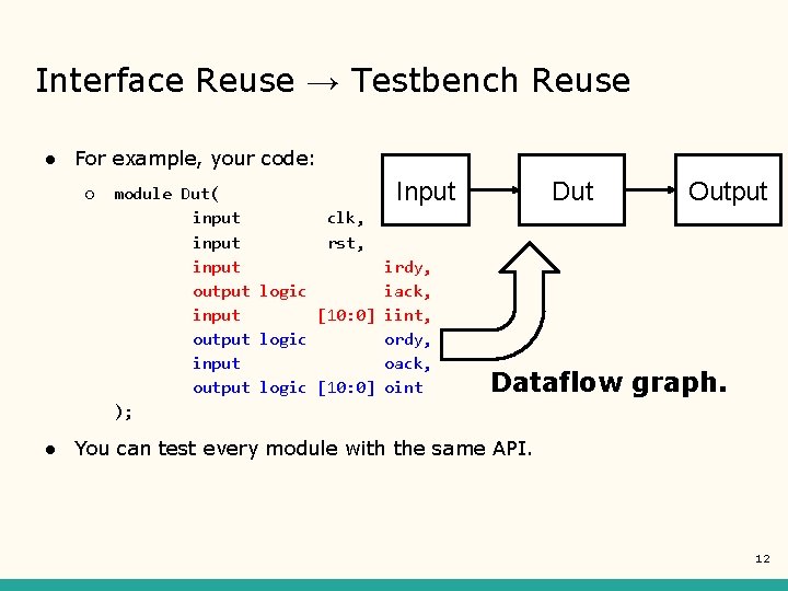 Interface Reuse → Testbench Reuse ● For example, your code: ○ module Dut( Input