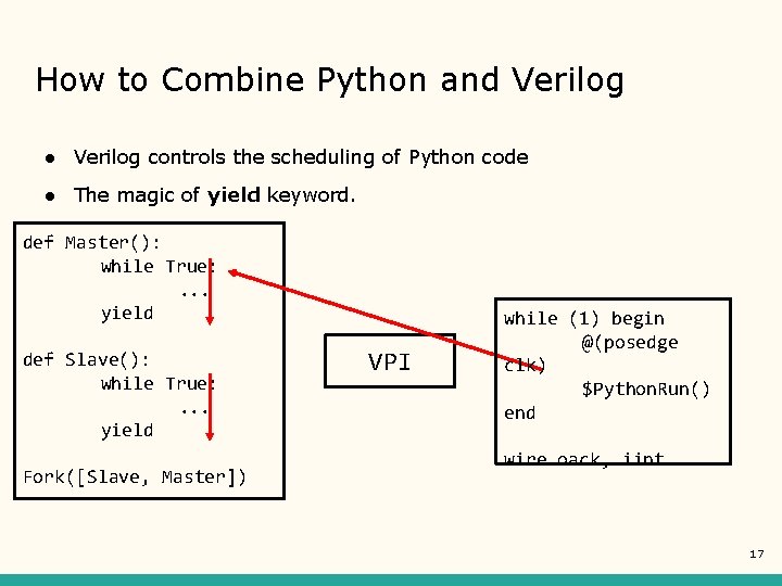 How to Combine Python and Verilog ● Verilog controls the scheduling of Python code