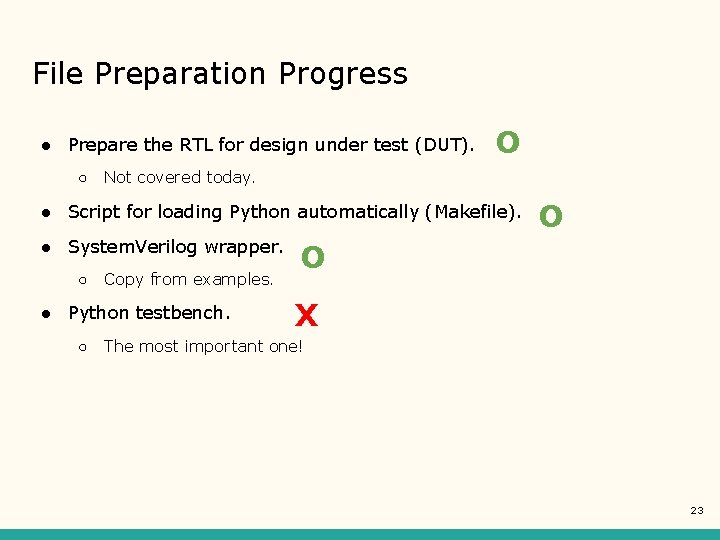File Preparation Progress ● Prepare the RTL for design under test (DUT). ○ O