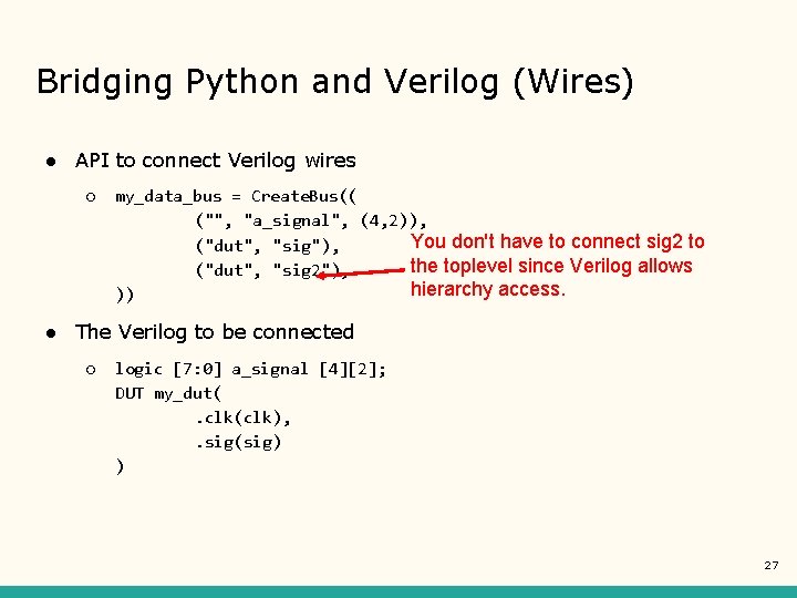 Bridging Python and Verilog (Wires) ● API to connect Verilog wires ○ my_data_bus =