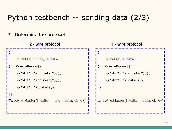 Python testbench -- sending data (2/3) 2. Determine the protocol 2 - wire protocol