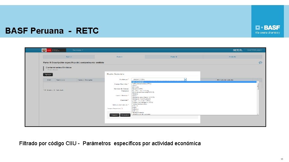 BASF Peruana - RETC Filtrado por código CIIU - Parámetros específicos por actividad económica