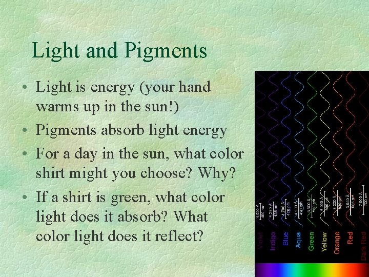 Light and Pigments • Light is energy (your hand warms up in the sun!)
