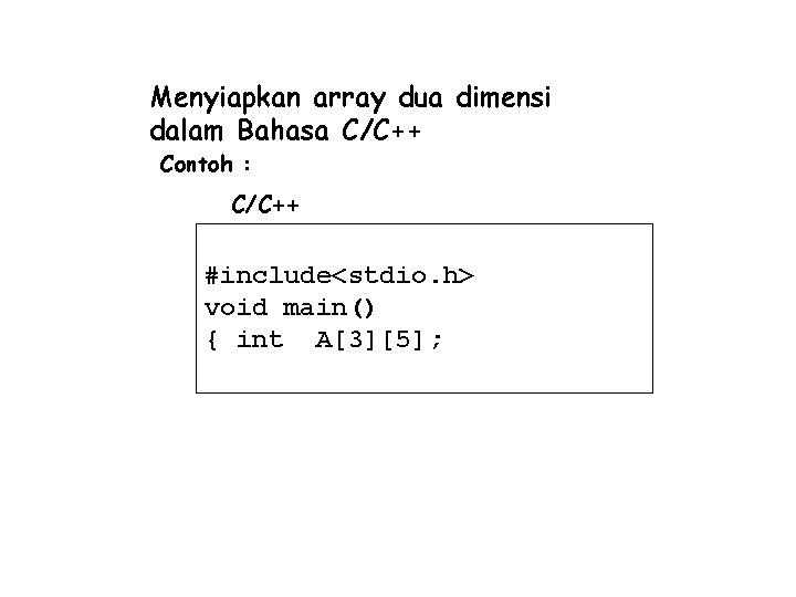 Menyiapkan array dua dimensi dalam Bahasa C/C++ Contoh : C/C++ #include<stdio. h> void main()