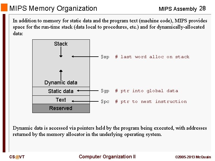 MIPS Memory Organization MIPS Assembly 28 In addition to memory for static data and
