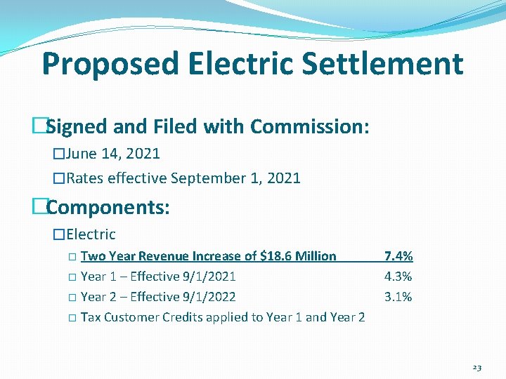 Proposed Electric Settlement �Signed and Filed with Commission: �June 14, 2021 �Rates effective September