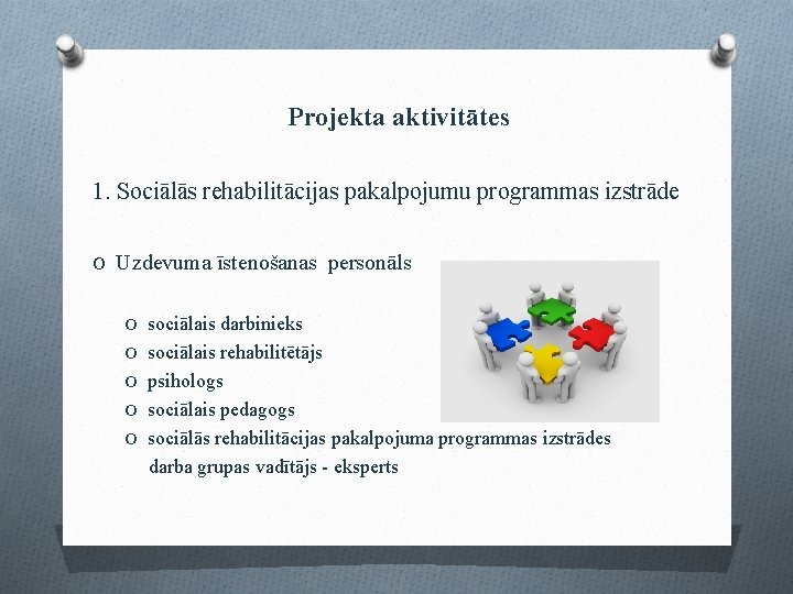 Projekta aktivitātes 1. Sociālās rehabilitācijas pakalpojumu programmas izstrāde O Uzdevuma īstenošanas personāls O sociālais