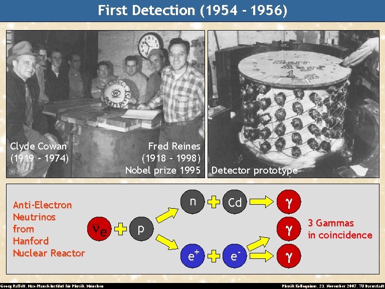 First Detection (1954 - 1956) Clyde Cowan (1919 – 1974) Anti-Electron Neutrinos from Hanford
