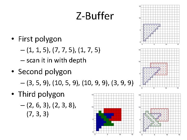 Z-Buffer • First polygon – (1, 1, 5), (7, 7, 5), (1, 7, 5)