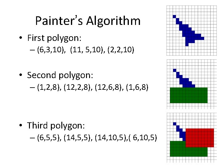 Painter’s Algorithm • First polygon: – (6, 3, 10), (11, 5, 10), (2, 2,