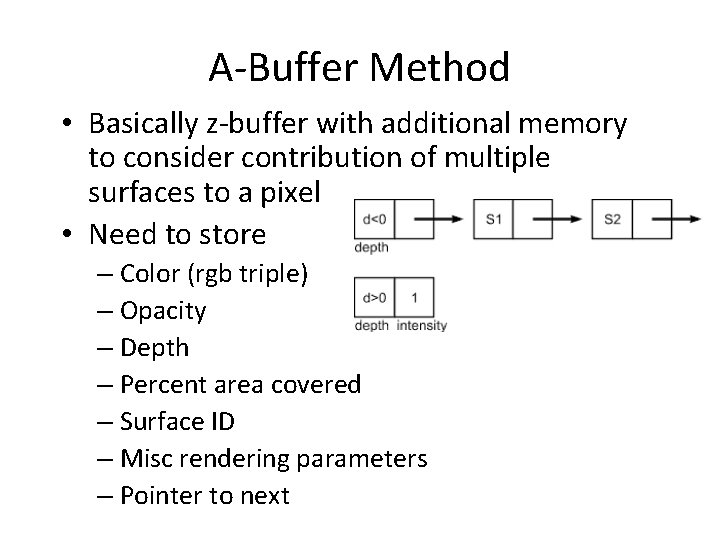 A-Buffer Method • Basically z-buffer with additional memory to consider contribution of multiple surfaces