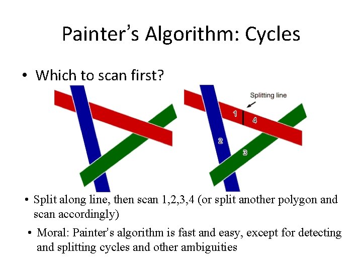 Painter’s Algorithm: Cycles • Which to scan first? • Split along line, then scan