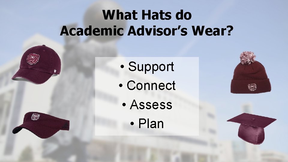 What Hats do Academic Advisor’s Wear? • Support • Connect • Assess • Plan