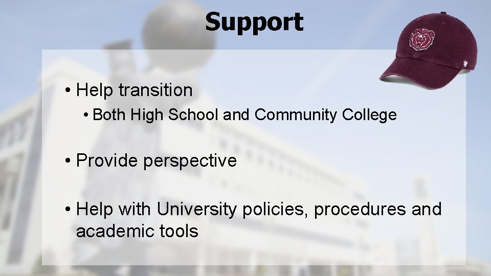 Support • Help transition • Both High School and Community College • Provide perspective