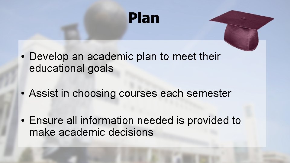 Plan • Develop an academic plan to meet their educational goals • Assist in
