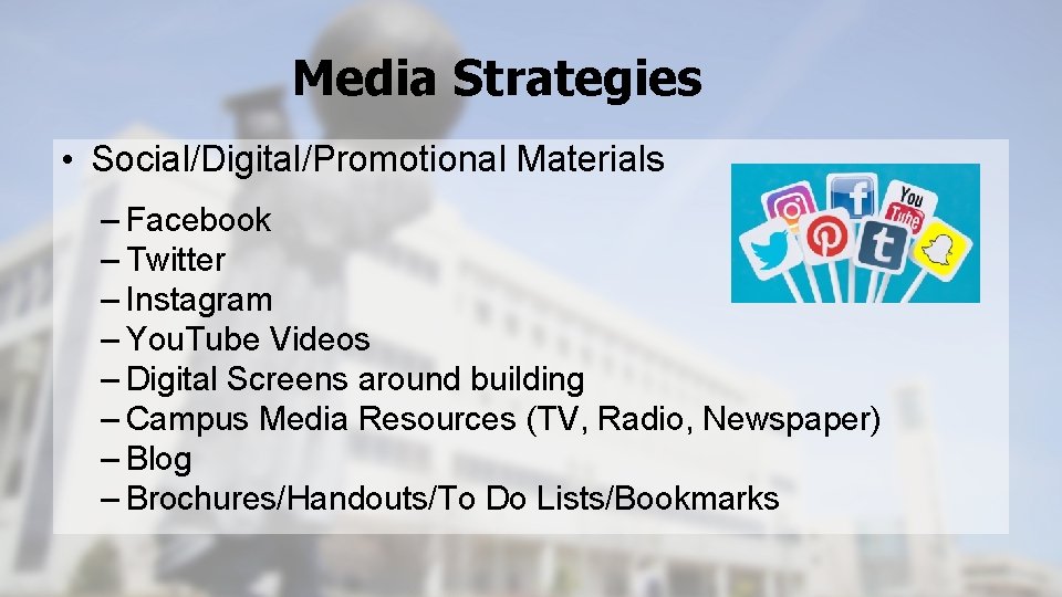 Media Strategies • Social/Digital/Promotional Materials – Facebook – Twitter – Instagram – You. Tube