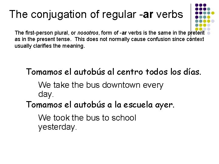 The conjugation of regular -ar verbs The first-person plural, or nosotros, form of -ar