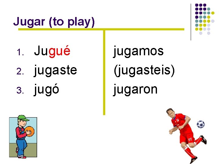 Jugar (to play) 1. 2. 3. Jugué jugaste jugó jugamos (jugasteis) jugaron 