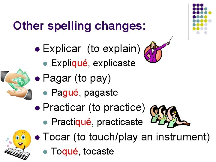 Other spelling changes: l Explicar (to explain) l l Pagar (to pay) l l