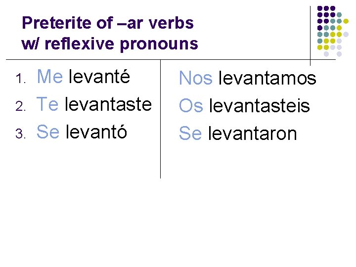 Preterite of –ar verbs w/ reflexive pronouns 1. 2. 3. Me levanté Te levantaste