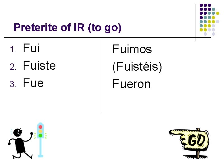 Preterite of IR (to go) 1. 2. 3. Fuiste Fuimos (Fuistéis) Fueron 