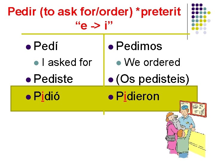 Pedir (to ask for/order) *preterit “e -> i” l Pedí l I asked for
