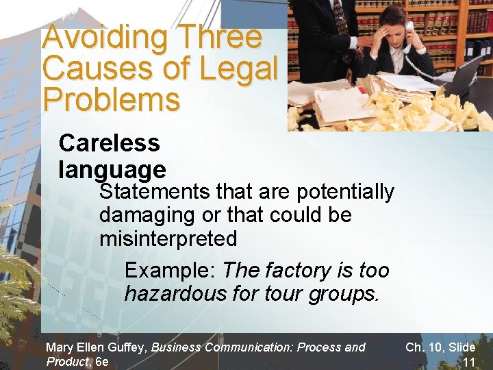 Avoiding Three Causes of Legal Problems Careless language Statements that are potentially damaging or