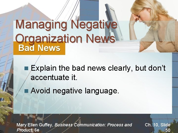 Managing Negative Organization News Bad News n Explain the bad news clearly, but don’t