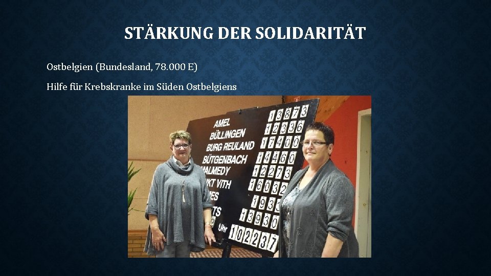 STÄRKUNG DER SOLIDARITÄT Ostbelgien (Bundesland, 78. 000 E) Hilfe für Krebskranke im Süden Ostbelgiens
