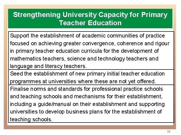 Strengthening University Capacity for Primary Teacher Education Support the establishment of academic communities of