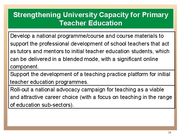 Strengthening University Capacity for Primary Teacher Education Develop a national programme/course and course materials