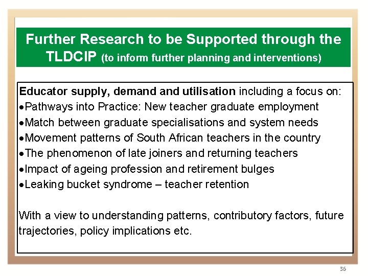 Further Research to be Supported through the TLDCIP (to inform further planning and interventions)
