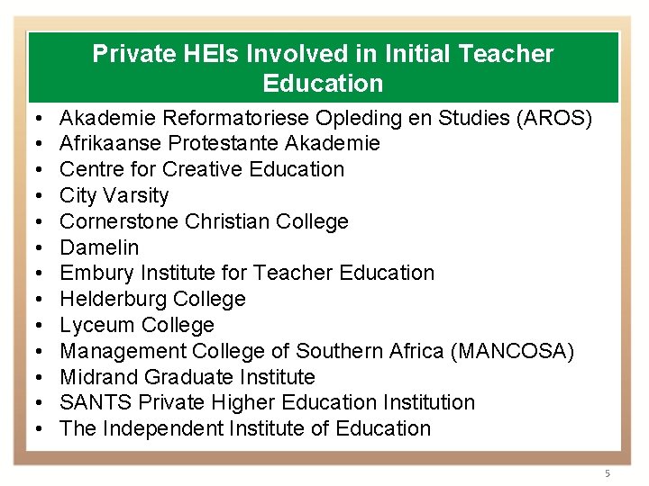 Private HEIs Involved in Initial Teacher Education • • • • Akademie Reformatoriese Opleding