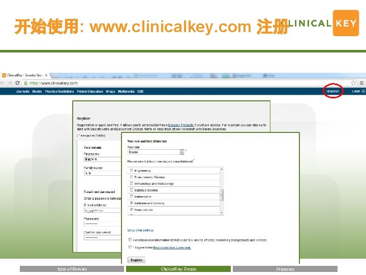 开始使用: www. clinicalkey. com 注册 Intro of Elsevier Clinical. Key: Demo Summary 