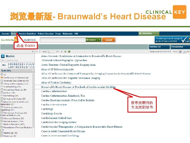 浏览最新版- Braunwald’s Heart Disease 点击 Books 按寻找期刊的 方法找到该书 Intro of Elsevier Clinical. Key: Demo