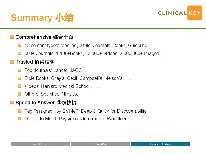 Summary 小结 Comprehensive 综合全面 13 content types: Medline, Vitals, Journals, Books, Guideline … 600+