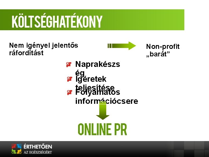 Nem igényel jelentős ráfordítást Naprakészs ég Ígéretek teljesítése Folyamatos információcsere Non-profit „barát” Nem igényel jelentős ráfordítást Naprakészs ég Ígéretek teljesítése Folyamatos információcsere Non-profit „barát”