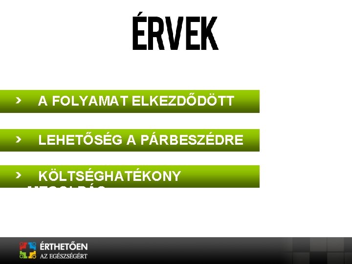 A FOLYAMAT ELKEZDŐDÖTT LEHETŐSÉG A PÁRBESZÉDRE KÖLTSÉGHATÉKONY MEGOLDÁS 