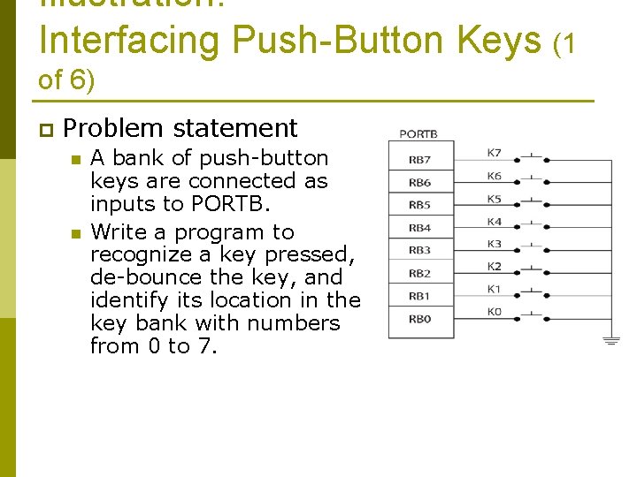 Illustration: Interfacing Push-Button Keys (1 of 6) p Problem statement n n A bank