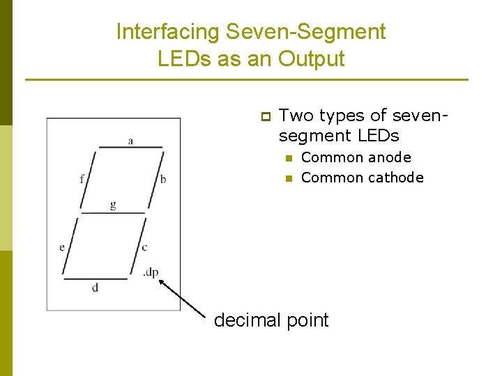 Interfacing Seven-Segment LEDs as an Output p Two types of sevensegment LEDs n n