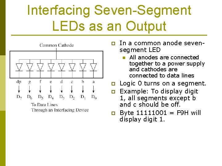 Interfacing Seven-Segment LEDs as an Output p In a common anode sevensegment LED n