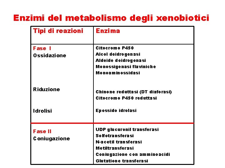 Enzimi del metabolismo degli xenobiotici Tipi di reazioni Enzima Fase I Ossidazione Citocromo P
