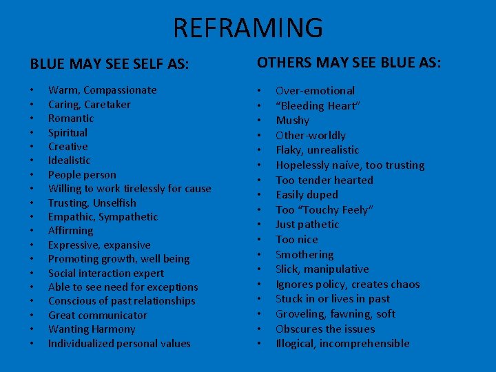 REFRAMING BLUE MAY SEE SELF AS: • • • • • Warm, Compassionate Caring,