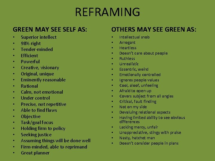 REFRAMING GREEN MAY SEE SELF AS: • • • • • Superior intellect 98%
