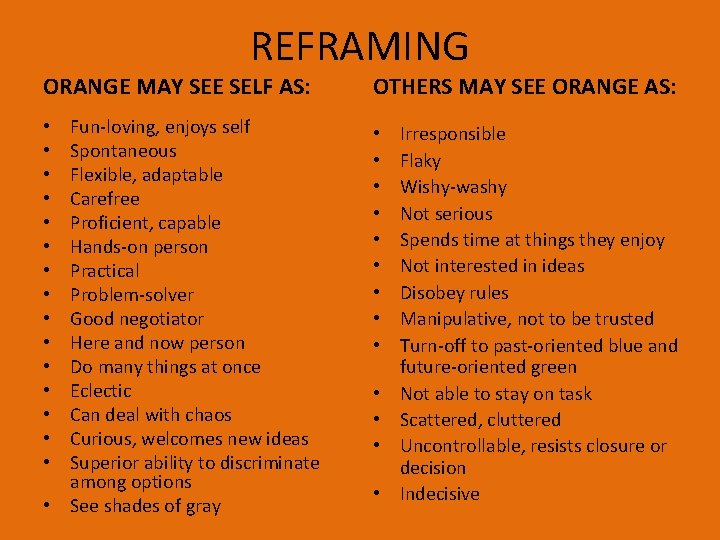 REFRAMING ORANGE MAY SEE SELF AS: OTHERS MAY SEE ORANGE AS: Fun-loving, enjoys self