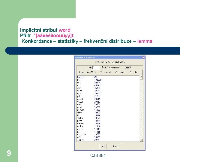 Implicitní atribut word Pfiltr. *[aáeéěiíoóuůyý]t Konkordance – statistiky – frekvenční distribuce – lemma 9