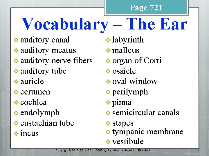 Page 721 Vocabulary – The Ear v auditory canal v auditory meatus v auditory