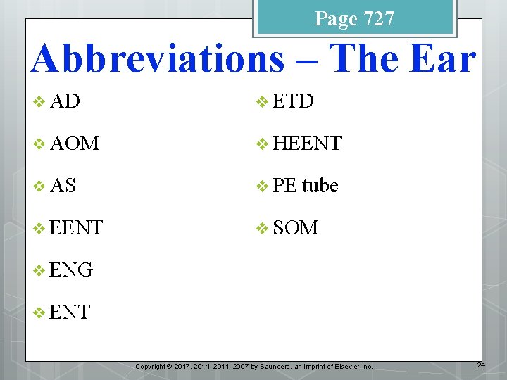 Page 727 Abbreviations – The Ear v AD v ETD v AOM v HEENT