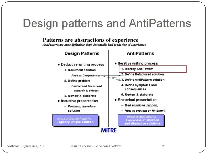 Design patterns and Anti. Patterns Software Engineering, 2011 Design Patterns – Behavioral patterns 98